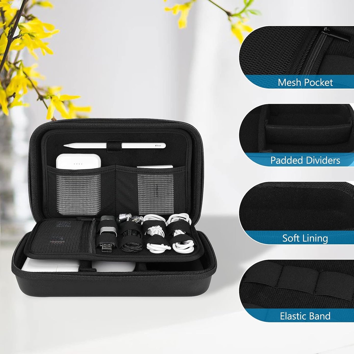 ProCase Hard Travel Electronic Organizer Case for MacBook Power Adapter Chargers Cables Power Bank Apple Magic Mouse Apple Pencil USB Flash Disk SD Card Small Portable Accessories Bag â€“Black