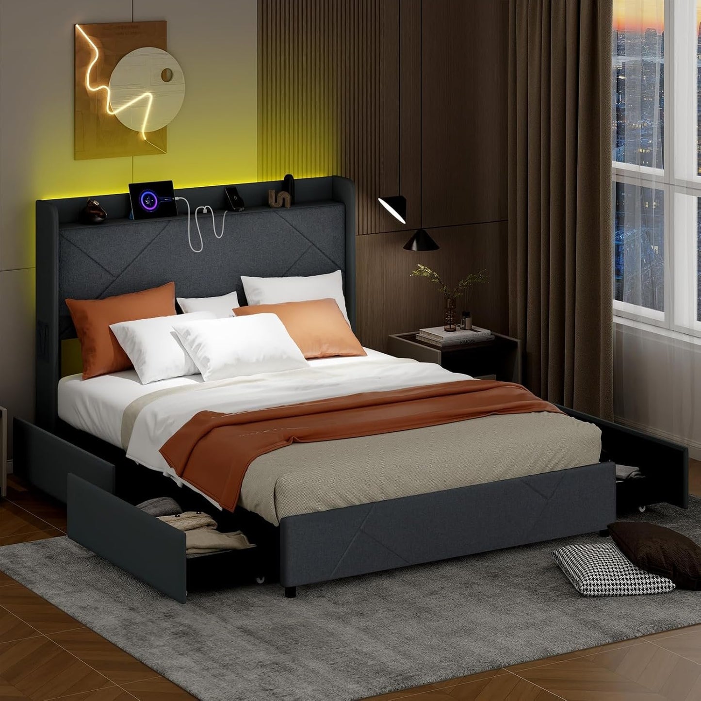 Giantex Queen Bed Frame with 4 Storage Drawers & LED Lights, Upholstered Platform Bed with Wingback Headboard & Charging Station, Wooden Slats, Easy Assembly, Grey (Queen)