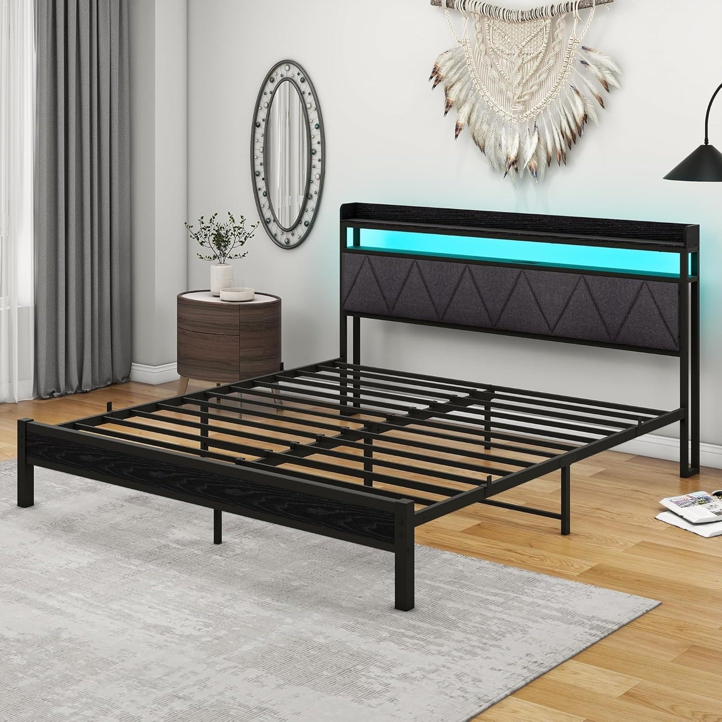 VERFARM King Size Bed Frame with LED Lights Storage Upholstered Headboard and Charging Station, Heavy Duty Metal Platform King Size Bed Frame, No Box Spring Needed, Noise Free, Easy Assembly