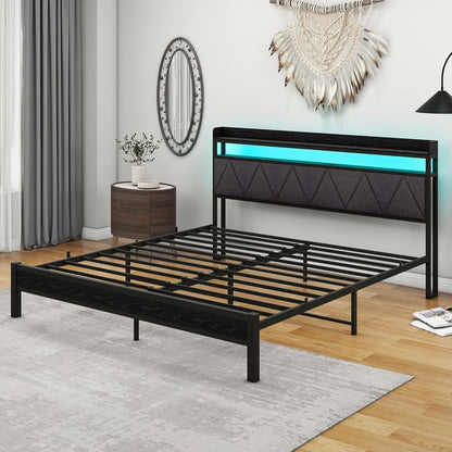 VERFARM King Size Bed Frame with LED Lights Storage Upholstered Headboard and Charging Station, Heavy Duty Metal Platform King Size Bed Frame, No Box Spring Needed, Noise Free, Easy Assembly