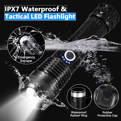 Rechargeable Flashlight, 500000 High Lumens Tactical Flashlight, Brightest Led Flashlight with 5 Modes, Zoomable, Type-c, IPX7 Waterproof, Powerful Flash Light for Camping, Runing, Cycling