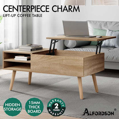 ALFORDSON Lift Tabletop Coffee Table Center Table Wood Color, Living Room Office Reception Dining Table with Rising Top, Hidden Storage and Side Open Shelves