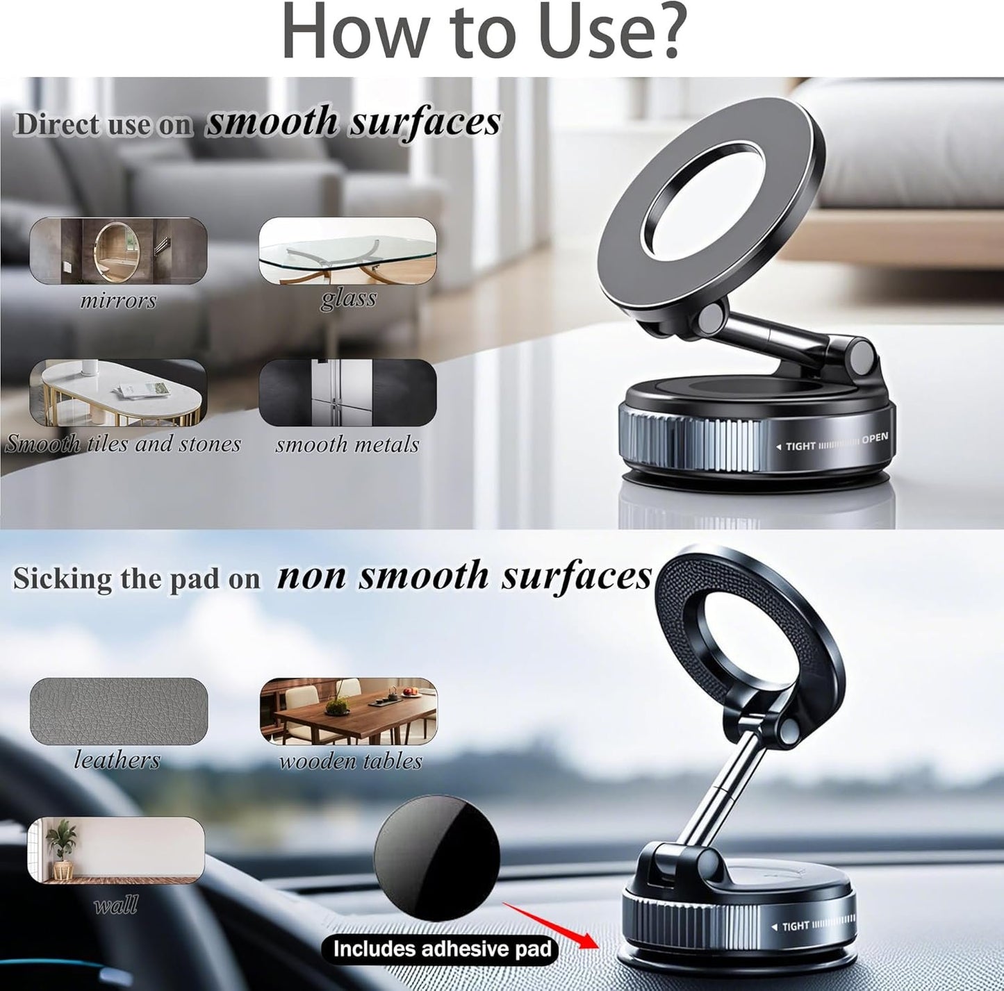 Upgraded Vacuum Suction Magnetic Car Phone Holder, 360° Adjustable Suction Cup Phone Mount, Foldable Portable Cell Phone Holders for Car/Mirrors/Smooth Surface