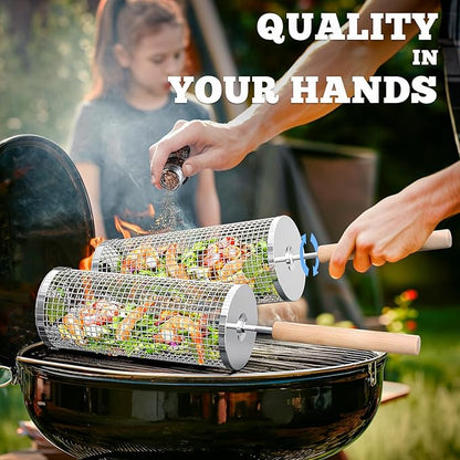 Rolling Grill Basket(2PCS), Removable Wooden Handle, 304 Stainless Steel, Nesting Grilling Net, BBQ Accessories Tool for Vegetable Shrimp, Outdoor Cooking Camping, Birthday Gifts for Men Dad Husband
