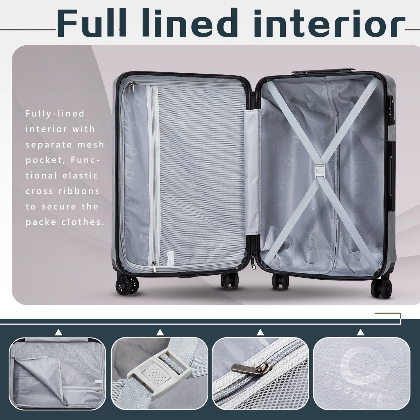 Coolife Luggage Expandable(only 28") Suitcase PC+ABS with TSA Lock Spinner 20in24in28in (Grey, M(24in)