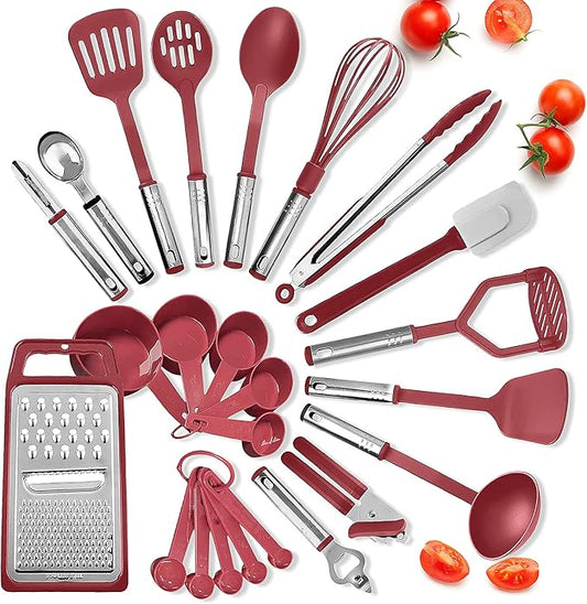 EATEX Cooking Utensils Set - 24 Pieces Nylon Kitchen Gadgets, Spatula Set with Stainless Steel Handles - Heat Resistant Kitchen Utensils Set - Red Kitchen Tools and Gadgets