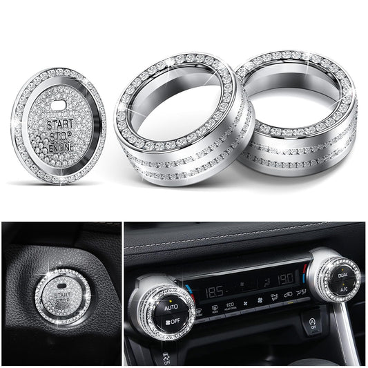 Polodunn Bling Crystal Car Interior Accessories for Toyota Rav4 2025 2024 2023 2022 2021 2020 2019 - Air Conditioner Knob Cover, Push Start Button Trim Rings (4 pcs)