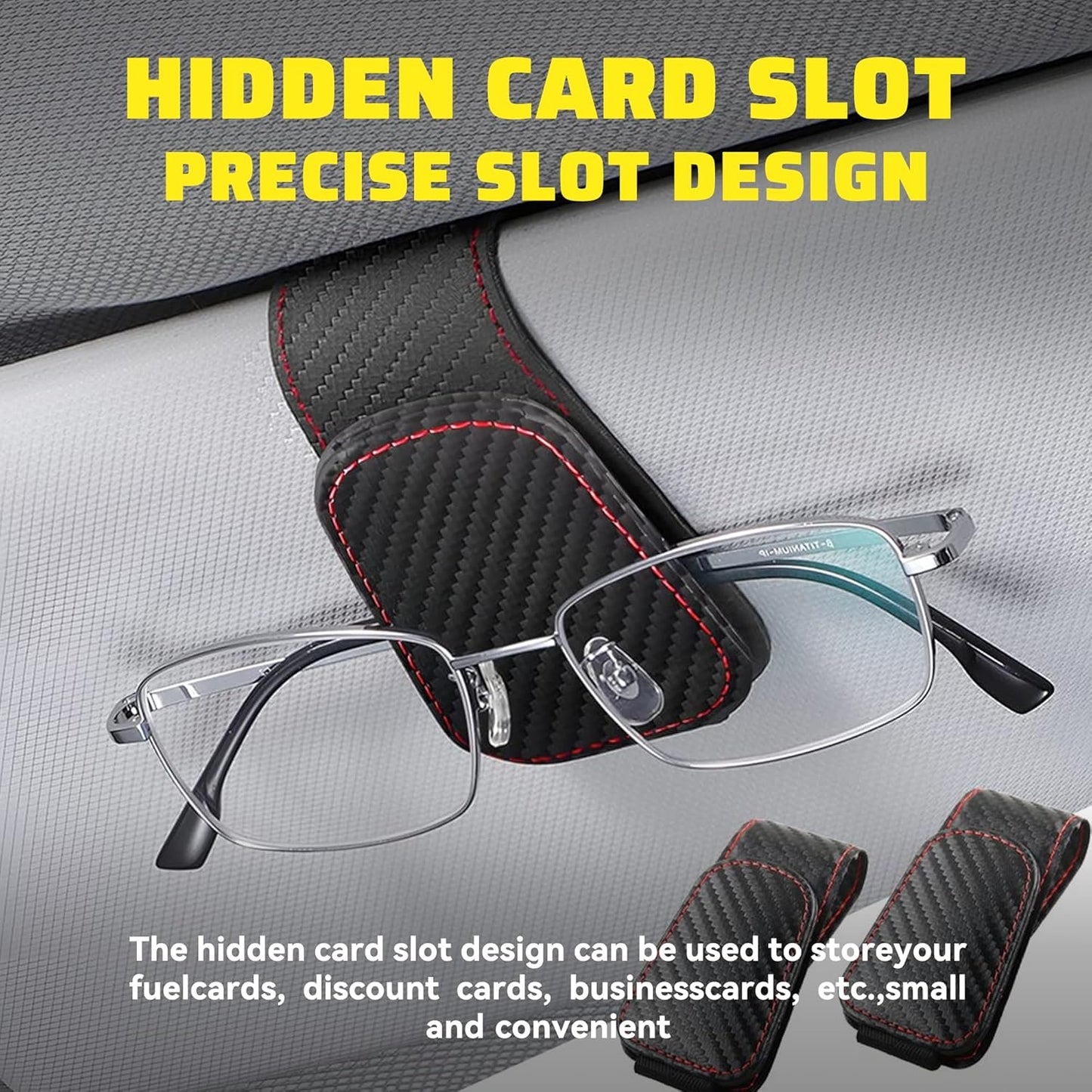 KAQISI Sunglasses Holders for Car Sun Visor, Leather Eyeglasses Hanger Mounter, Magnetic Glasses Holder and Ticket Card Clip, Auto Interior Accessories Universal for SUV (Carbon Fiber)