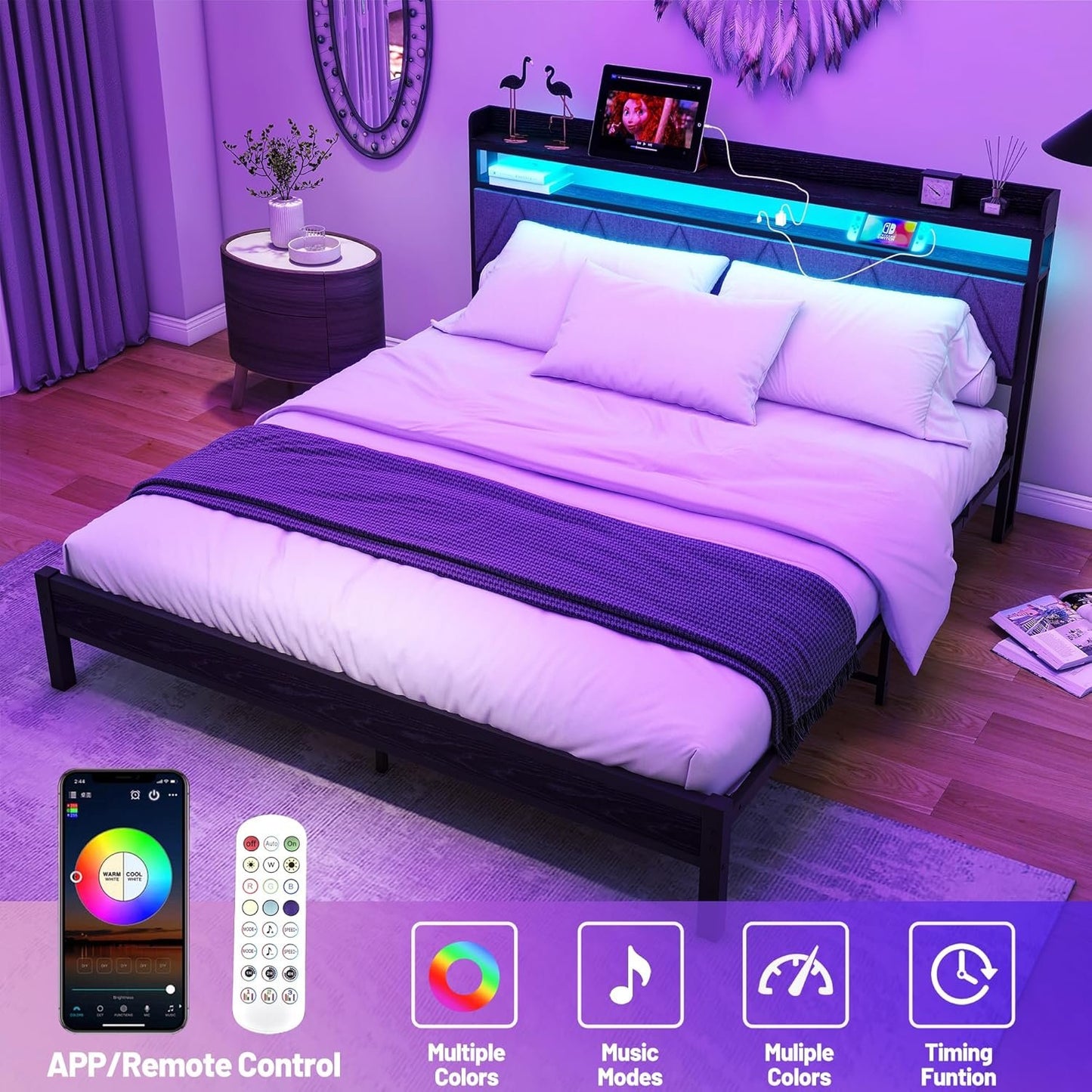 VERFARM King Size Bed Frame with LED Lights Storage Upholstered Headboard and Charging Station, Heavy Duty Metal Platform King Size Bed Frame, No Box Spring Needed, Noise Free, Easy Assembly