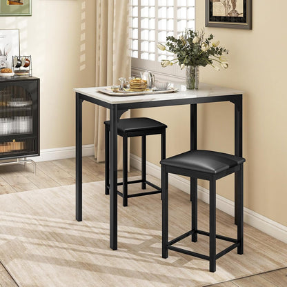 Giantex 3 Pcs Dining Table and Chairs Set with Faux Marble Tabletop 2 Chairs Contemporary Dining Table Set for Home or Hotel Dining Room, Kitchen or Bar (White & Black)