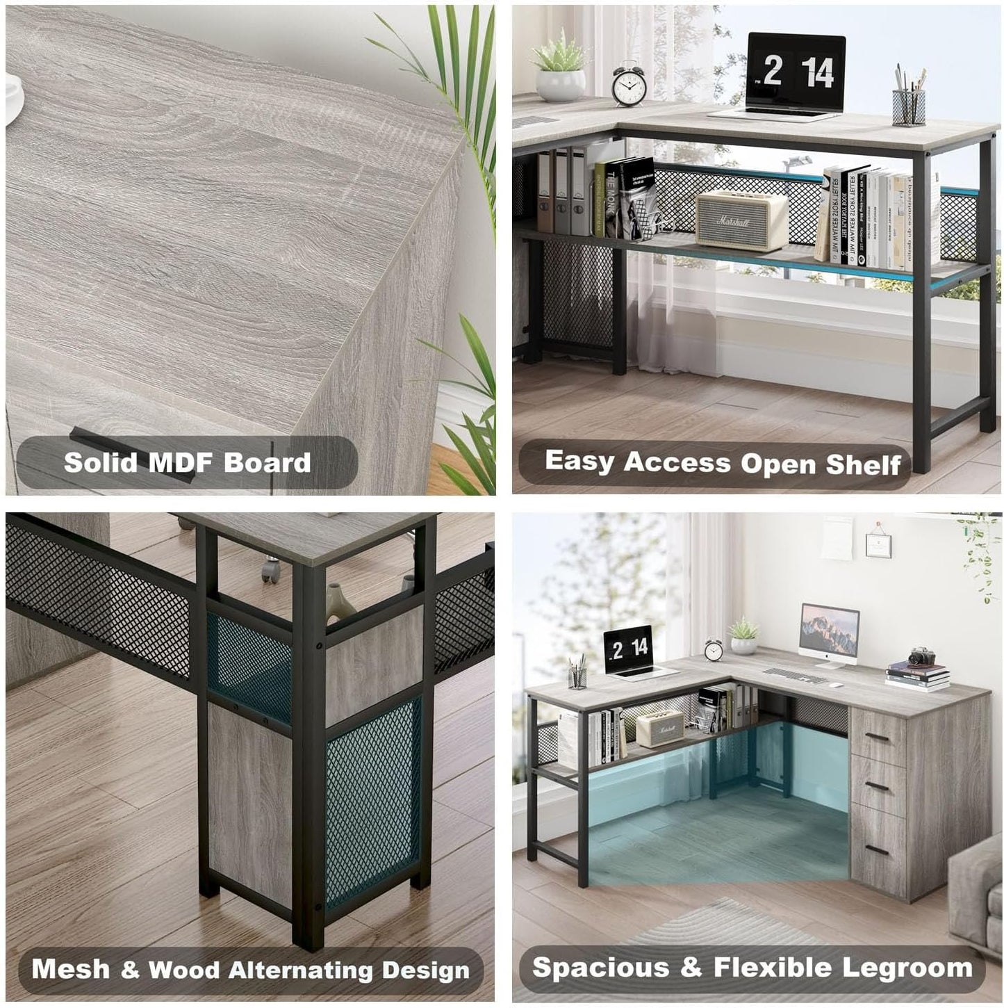 LVB Reversible Gray L Shaped Corner Desk, Farmhouse Wood Computer Desk with File Drawers Cabinets, Large Work Study Executive Home Office Desk with Storage Shelves for Bedroom, Light Grey Oak, 59 Inch