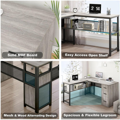 LVB Reversible Gray L Shaped Corner Desk, Farmhouse Wood Computer Desk with File Drawers Cabinets, Large Work Study Executive Home Office Desk with Storage Shelves for Bedroom, Light Grey Oak, 59 Inch