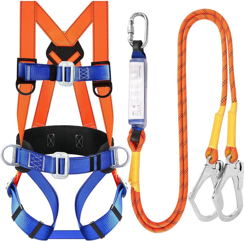 Safety Harness Fall Protection Kit: Full Body Roofing harnesses with Shock Absorbing Lanyard - Updated Comfortable Waist Pad