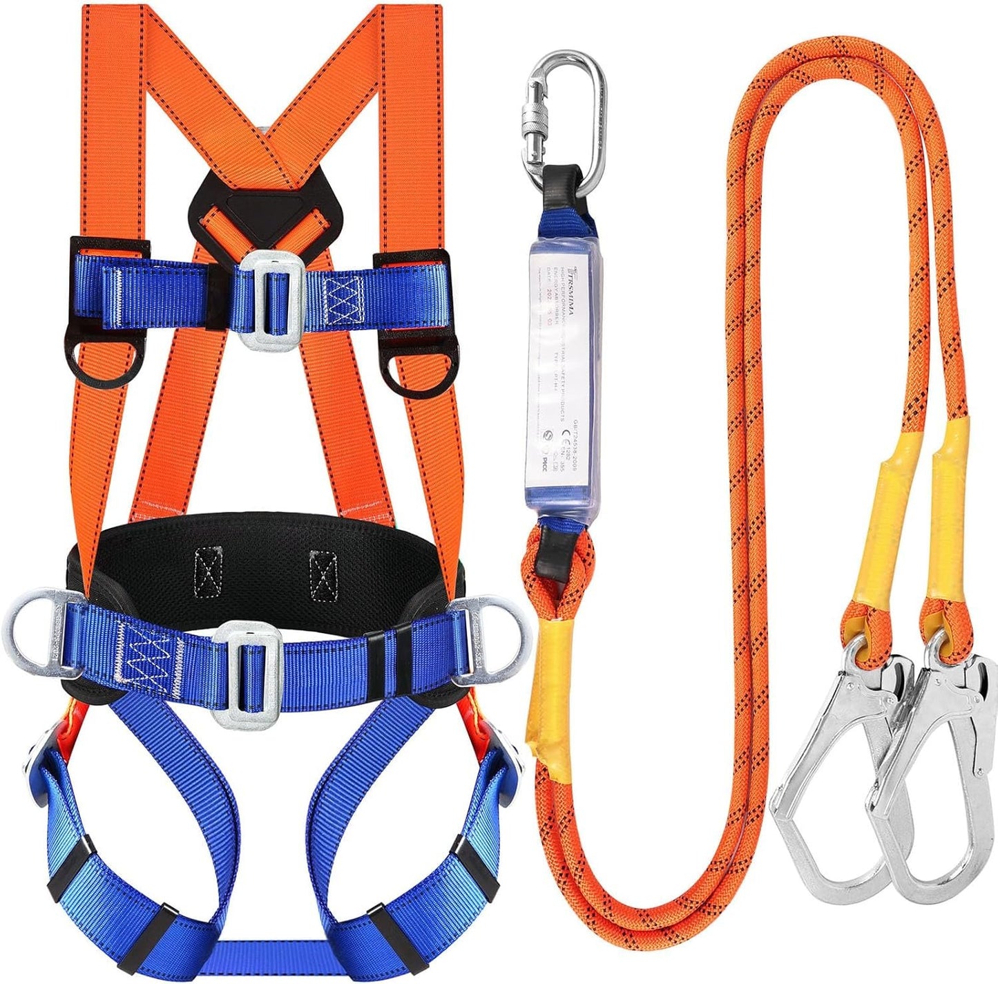 TT TRSMIMA Safety Harness Fall Protection Kit: Full Body Roofing harnesses with Shock Absorbing Lanyard - Updated Comfortable Waist Pad, Orange Blue, â€Ž31/'' - 56/''