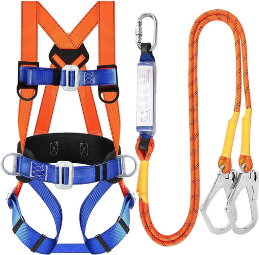 TT TRSMIMA Safety Harness Fall Protection Kit: Full Body Roofing harnesses with Shock Absorbing Lanyard - Updated Comfortable Waist Pad, Orange Blue, â€Ž31/'' - 56/''