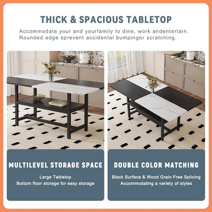 Dinner Table Set for 6, 71" Modern Dining Table Set for 6, Black and White Splicing Tabletop with Storage Shelf, Faux Marble Dining Table and 6 Upholstered Chairs for Kitchen, Dining Room