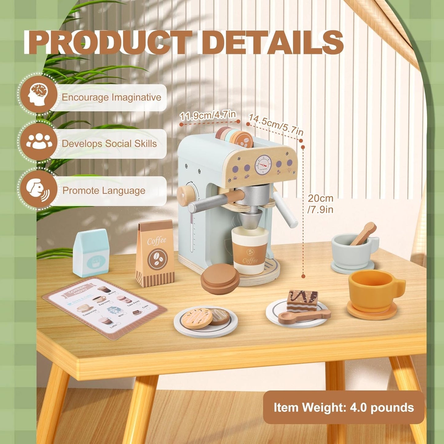 Pithfor Kids Wooden Coffee Maker Toy, Wooden Play Kitchen Appliances & Accessories Toy for Kids Toddlers, Gift for Girls Boys