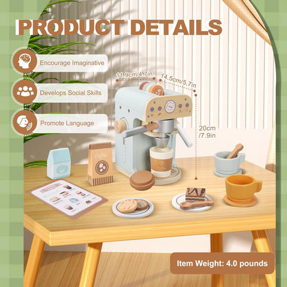 Pithfor Kids Wooden Coffee Maker Toy, Wooden Play Kitchen Appliances & Accessories Toy for Kids Toddlers, Gift for Girls Boys