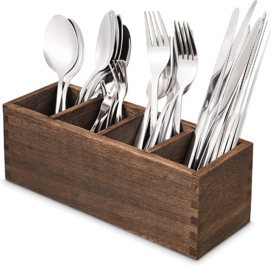 Kitchen Utensil Holder, Wooden Cutlery Holder, 4 Adjustable Smart Compartments Silverware Organizer Spoon Holder for Kitchen Accessories