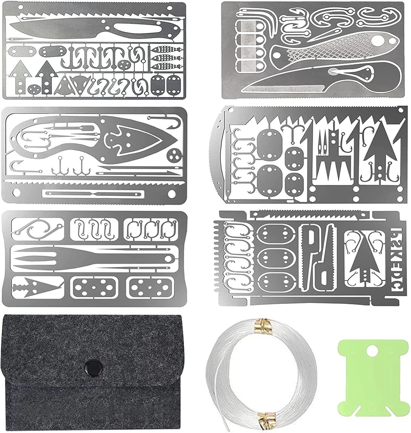 Survival Card Multitool Emergency Camping Kit with Fishing Line Gear, Multipurpose Credit Card Sized EDC Tool for Outdoor Fishing Hiking Hunting, 6PCS