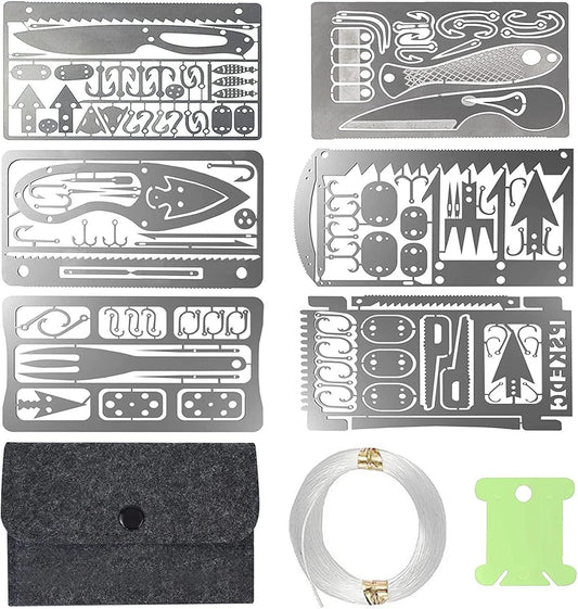 Survival Card Multitool Emergency Camping Kit with Fishing Line Gear, Multipurpose Credit Card Sized EDC Tool for Outdoor Fishing Hiking Hunting, 6PCS
