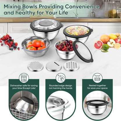 P&P CHEF Mixing Bowls with Lids Set of 3, 3 Pcs Stainless Steel Nesting Salad Bowls and Colander for Kitchen, 3 Grater Attachments & Non-Slip Bottoms, Visible & Airtight Lid, Black
