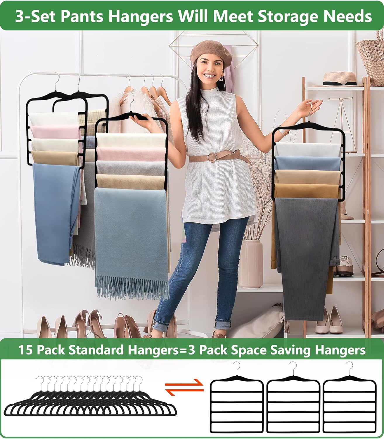 Closet Organizers and Storage,3 Pack Organization and Storage Pants-Hangers-Space-Saving,Velvet Hanger for Dorm Room for College Students Girls Boys Guys Hanging Jean Scarf