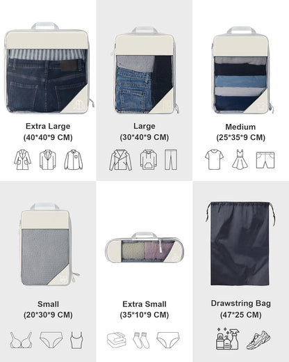 Koncle Compression Packing Cubes for Suitcases, Extensible Travel Packing Cubes, Mesh Luggage Suitcase Organizer Bags, Large Medium Small Slim Packing Cube, Travel Suitcase Accessories Cream