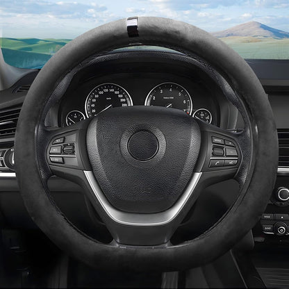 Car Steering Wheel Cover, Suede Car Interior Accessory for Driverse Car, Anti-Slip Breathable Full Surround Leather Steering Wheel Covers Protector for 14.5"-15" Universal Fit (Black-D Shape)