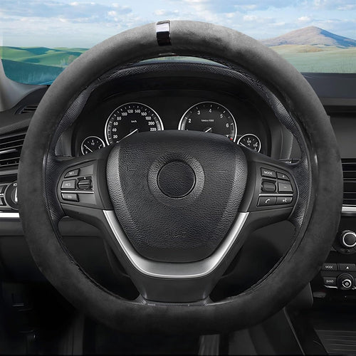 Car Steering Wheel Cover, Suede Car Interior Accessory for Driverse Car, Anti-Slip Breathable Full Surround Leather Steering Wheel Covers Protector for 14.5"-15" Universal Fit (Black-D Shape)