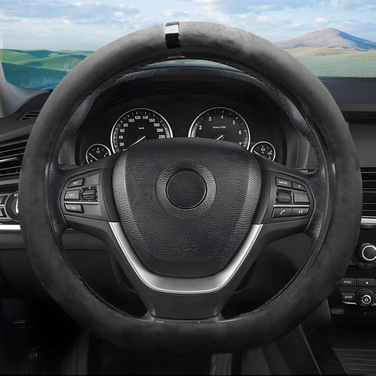 Car Steering Wheel Cover, Suede Car Interior Accessory for Driverse Car, Anti-Slip Breathable Full Surround Leather Steering Wheel Covers Protector for 14.5"-15" Universal Fit (Black-D Shape)