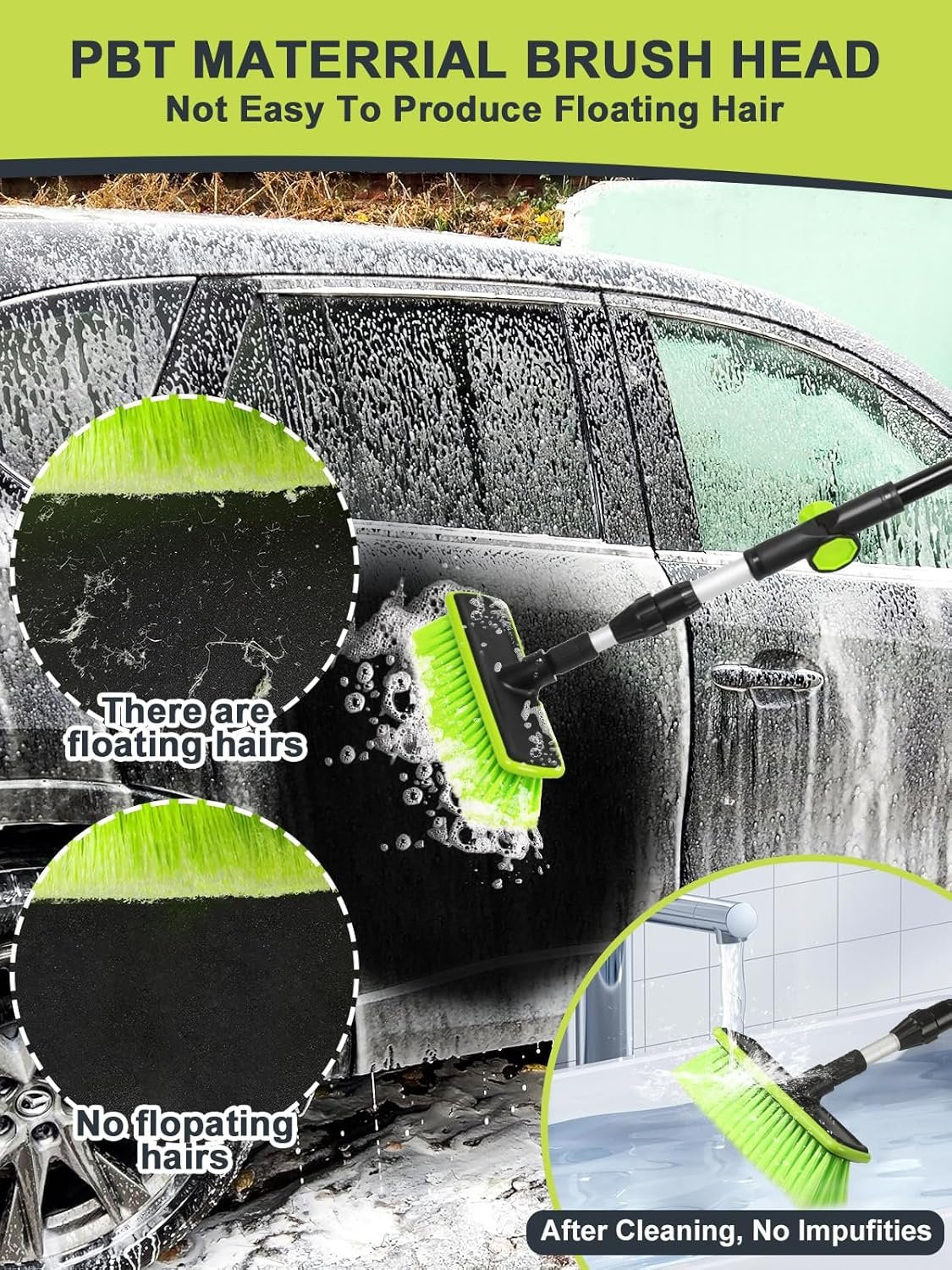 PBT 180° Rotating Car Wash Brush Long Handle Car Cleaning Brush Less Likely to Produce Floating Hair Suitable Snow Removal Cleaning SUV Truck Motorhome Indoor and Outdoor