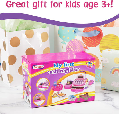 Prextex Pretend Play Store Electronic Toy Cash Register for Kids - STEM Toy with Mic Speaker and Play Money Included