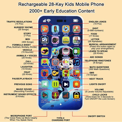 Kids Learning Cell Phone Toy with 28 Keys 2000+ Early Education Content, Music Story Recording Educational Toy for Toddlers 1-3, Kids Pretend Play Phone Birthday Gifts for Girl Boy Age 1 2 3 Year Old