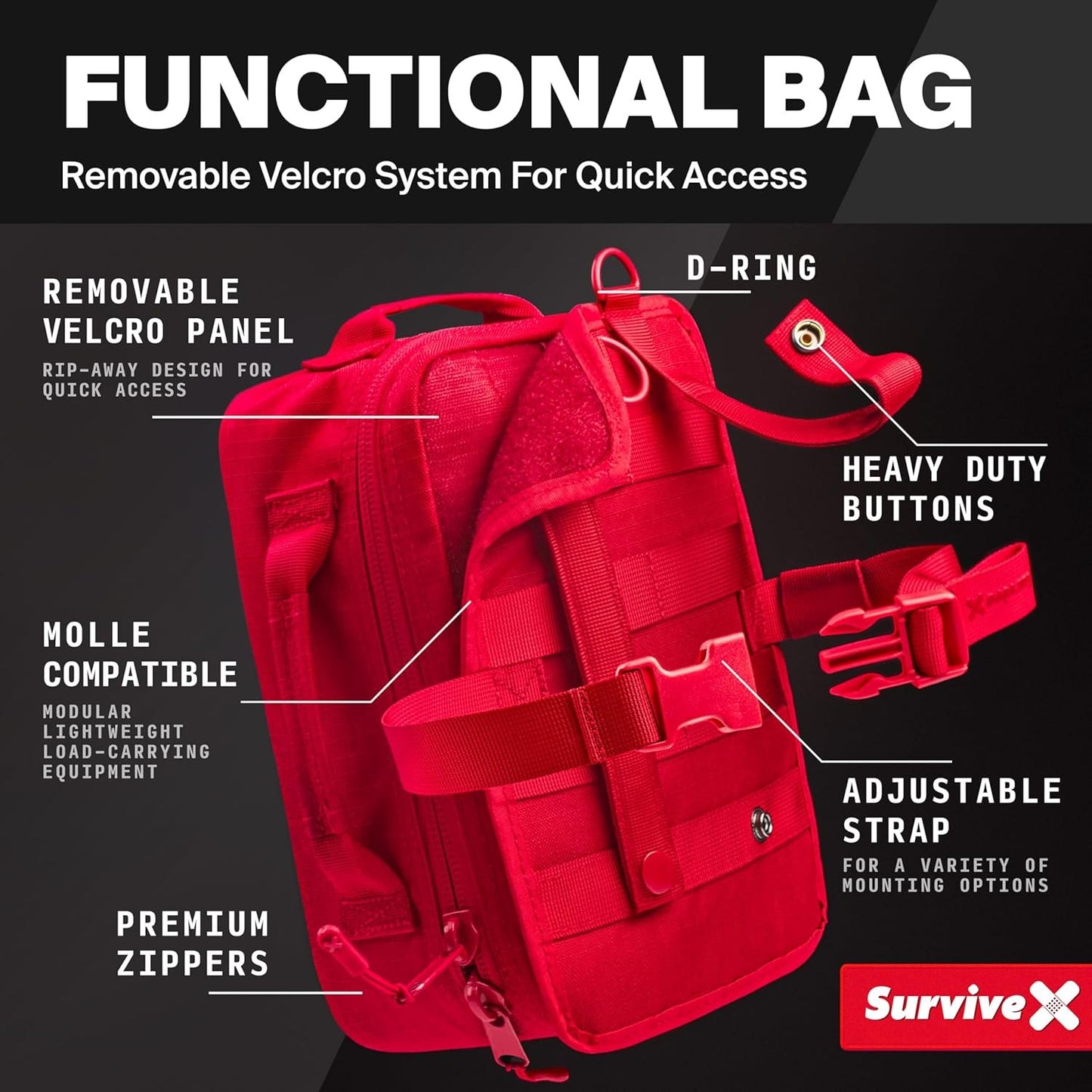 SurviveX Large First Aid Kit for Car, Travel & Home - Emergency Kit for Hiking, Camping, Backpacking and Outdoor Adventures - Includes Zip Stitch Wound Closure Strips