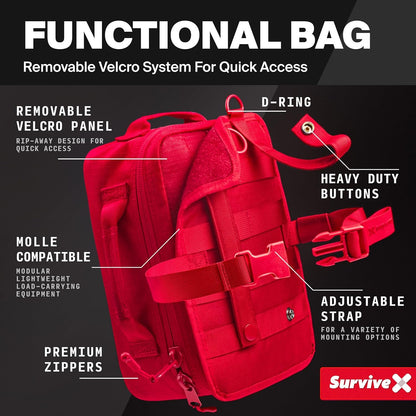 SurviveX Large First Aid Kit for Car, Travel & Home - Emergency Kit for Hiking, Camping, Backpacking and Outdoor Adventures - Includes Zip Stitch Wound Closure Strips
