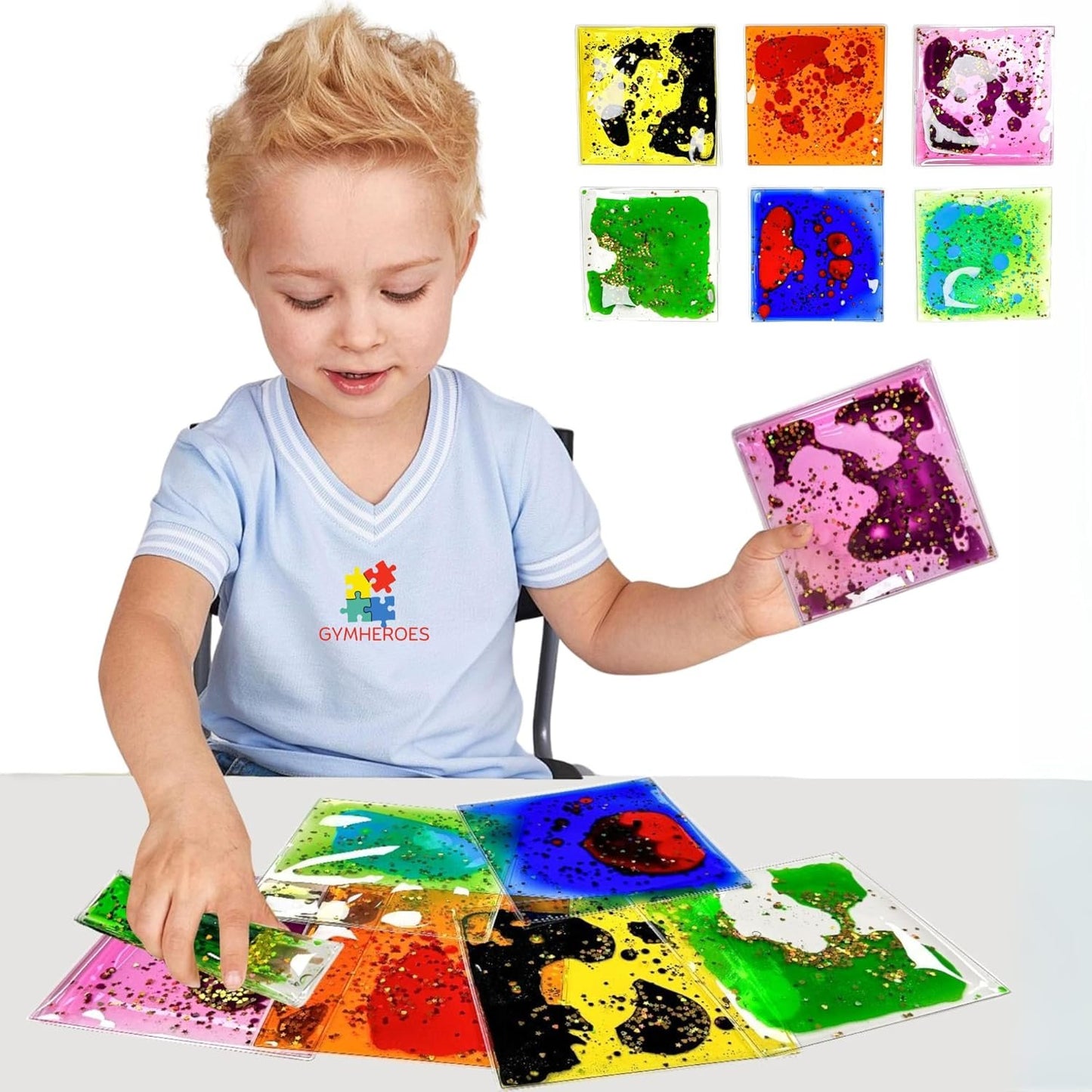 GYMHEROES Sensory Liquid Fidget Soft Gel Toys for Kids (Pack of 6), Anxiety Relief, Calming, Fine Motor Skills, Occupational Therapy Toys for Kids Ages 3+, Liquid Motion Sensory Play, Square Shape