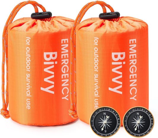 Esky Emergency Sleeping Bag, 2 Pack Portable Survival Thermal Bivy Sack, Waterproof Lightweight Survival Shelter Blanket Bags with Compass for Camping Hiking Outdoor Adventure