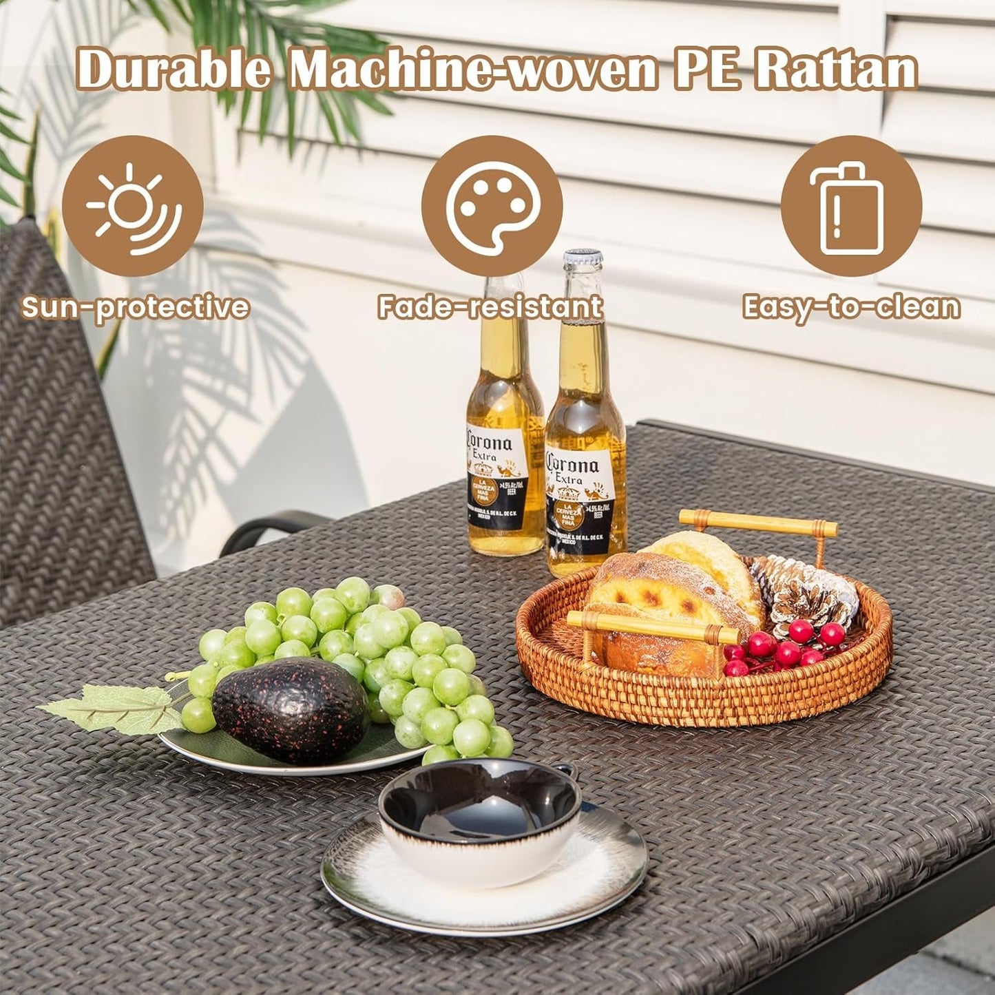 Tangkula Patio Wicker Dining Table for 6, 48 Inch Rectangular Table with Rattan Tabletop & Heavy-Duty Metal Frame, Outdoor Dining Table for Front Porch, Backyard