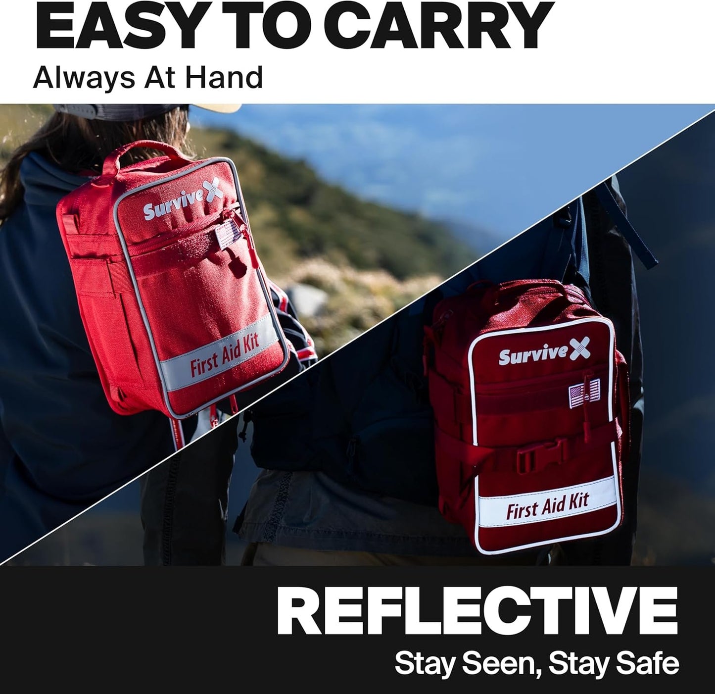 SurviveX Large First Aid Kit for Car, Travel & Home - Emergency Kit for Hiking, Camping, Backpacking and Outdoor Adventures - Includes Zip Stitch Wound Closure Strips