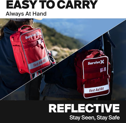 SurviveX Large First Aid Kit for Car, Travel & Home - Emergency Kit for Hiking, Camping, Backpacking and Outdoor Adventures - Includes Zip Stitch Wound Closure Strips