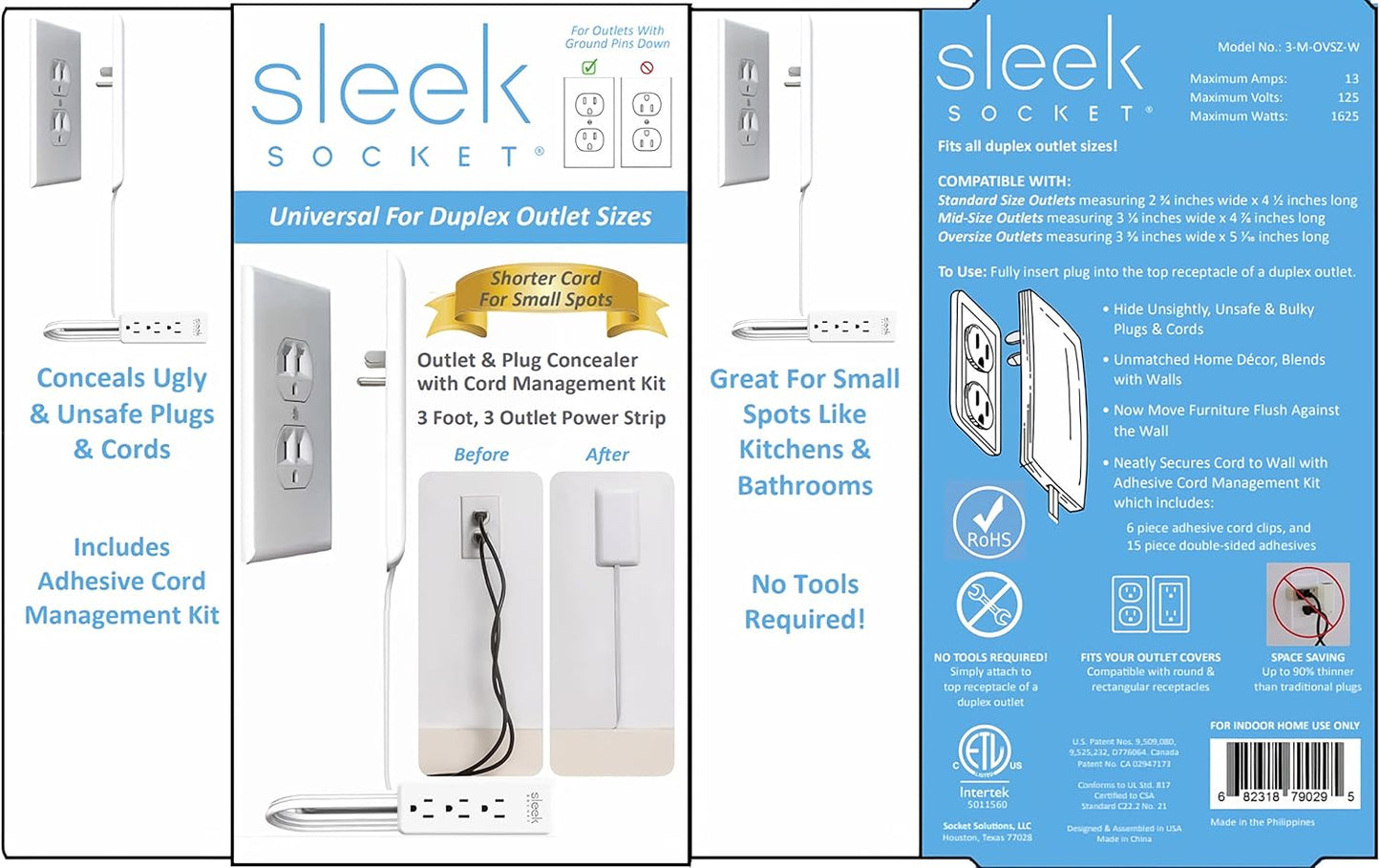 Sleek Socket Original & Patented Ultra-Thin Outlet Concealer with Cord Concealer Kit, Flat Extension Cord with Multi Outlets Power Strip, Ideal for Home Improvement, Hide Bulky and Messy Cords
