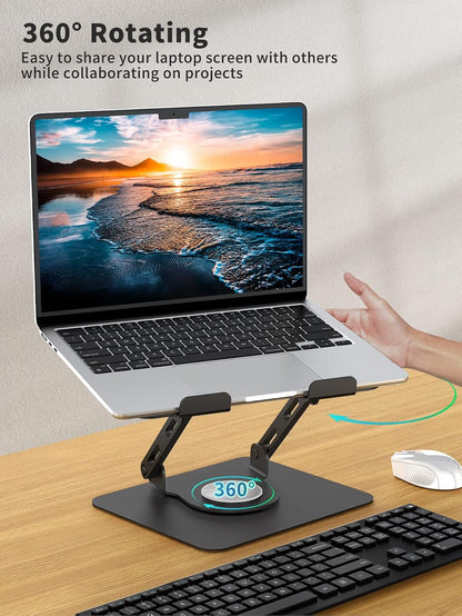 SOUNDANCE Laptop Stand with 360° Rotating Base, Ergonomic Computer Riser for Desk, Adjutable Height Muti-Angle, Foldable Laptop Mount, Stable Metal Holder Support 10-15.6" Notebook PC, Black