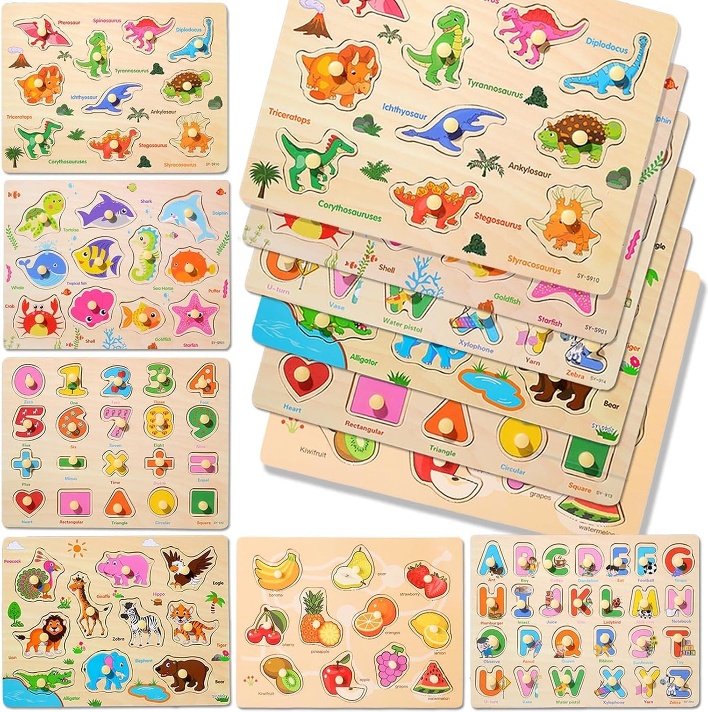 LOYUEGIYO 6PCS Toddler Wooden Peg Puzzle Toys for Age 2-4 3-5 Year Old Boys Girls,Educational Learning Sensory Toy,Puzzles for Toddlers Kids,Dinosaur&&Ocean&Alphabet&Number Shape&Animal&Fruit Puzzles