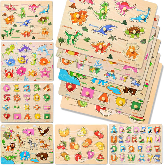 LOYUEGIYO 6PCS Toddler Wooden Peg Puzzle Toys for Age 2-4 3-5 Year Old Boys Girls,Educational Learning Sensory Toy,Puzzles for Toddlers Kids,Dinosaur&&Ocean&Alphabet&Number Shape&Animal&Fruit Puzzles
