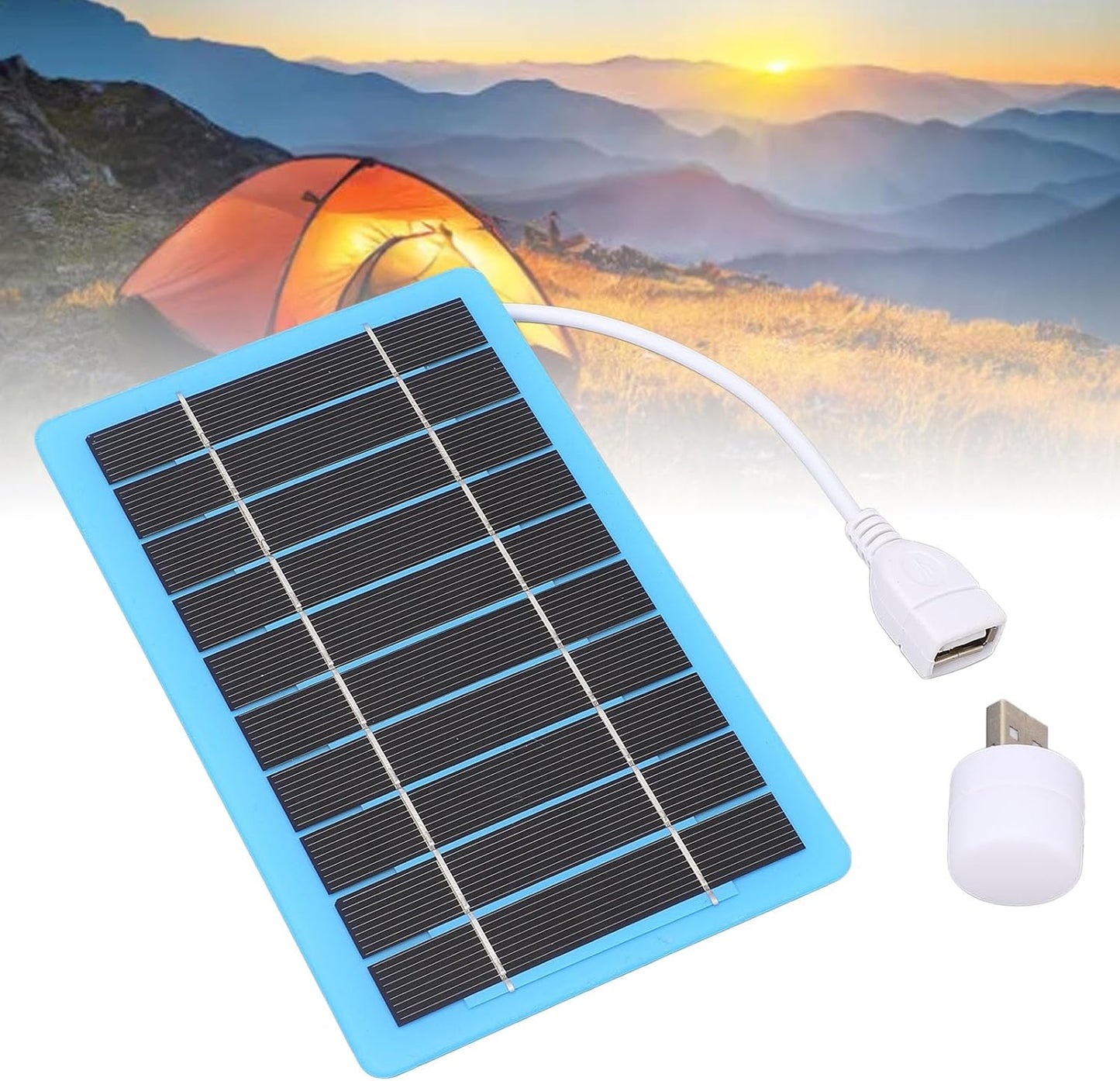 ASHATA 5V 5W Small Blue Solar Panel, USB Solar Charger with White Light, Modern Style, Moderate Efficiency, Ideal for Outdoor Activities, Emergency Light Source