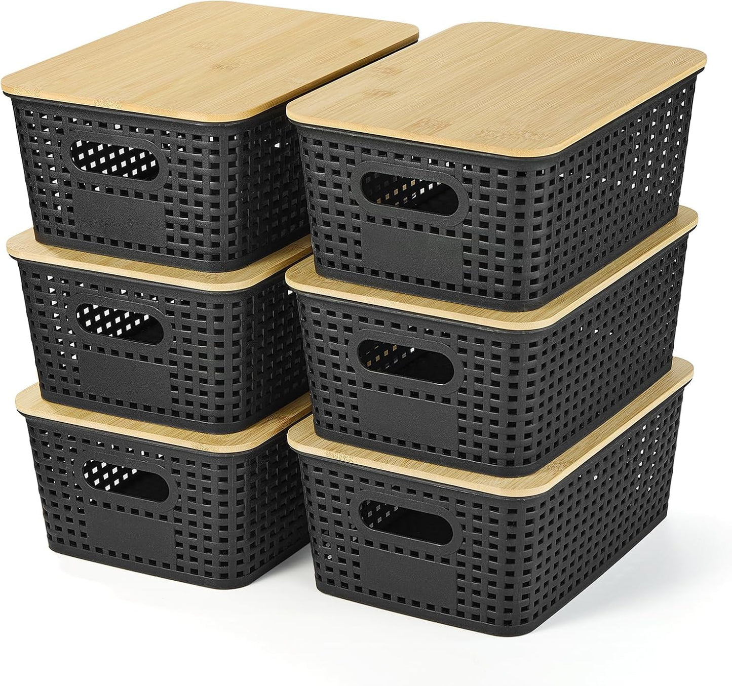 Plastic Storage Baskets With Bamboo Lid - Plastic Storage Containers Stackable Storage bins: Storage Baskets for Organizing Shelves Drawers Desktop Closet Playroom Classroom Office, 6 Pack