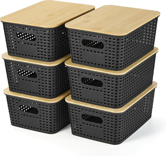 Plastic Storage Baskets With Bamboo Lid - Plastic Storage Containers Stackable Storage bins: Storage Baskets for Organizing Shelves Drawers Desktop Closet Playroom Classroom Office, 6 Pack, Gray
