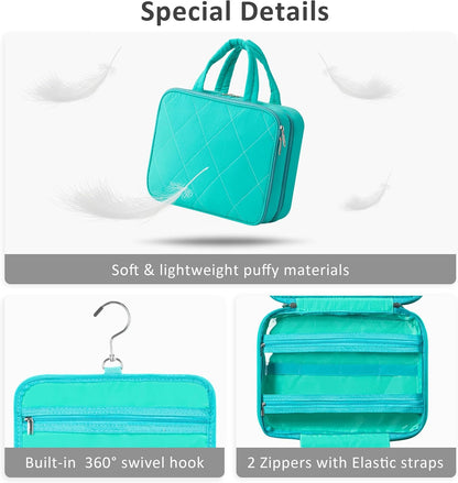 HBlife Travel Toiletry Bag with Jewelry Organizer for Women, Puffy Hanging Travel Bag for Toiletries with Trolley Belt, Waterproof Makeup Cosmetic Bag, Carry-on Travel Accessories Essentials(Teal, M)