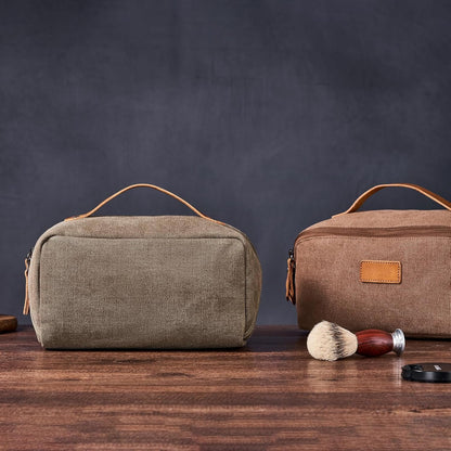 PAHVRION Canvas Toiletry Bag for Women with Genuine Leather Handle,Travel Dopp Kit,Shaving Kit Bag for Men,Water Resistant Hygiene Dopp Kit, Coffee, Non-customized
